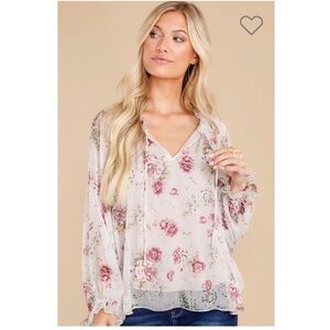 AaKaa Floral Sheer Long Balloon Sleeve Ruffle Tie Front Blouse